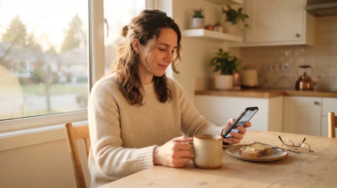 Een vrouw zit ontspannen aan de keukentafel met een kop koffie en kijkt naar haar telefoon in de ochtend.
