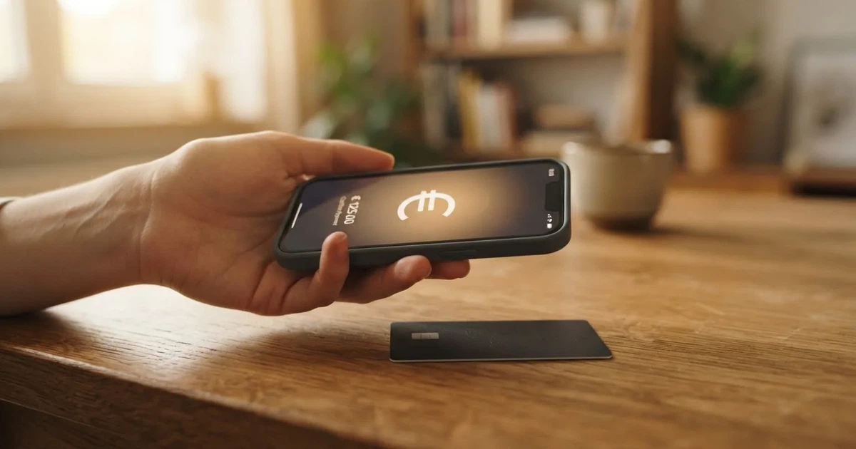 Een hand houdt een smartphone vast boven een bankpas op een houten bureau, met vaag zonlicht op de achtergrond.