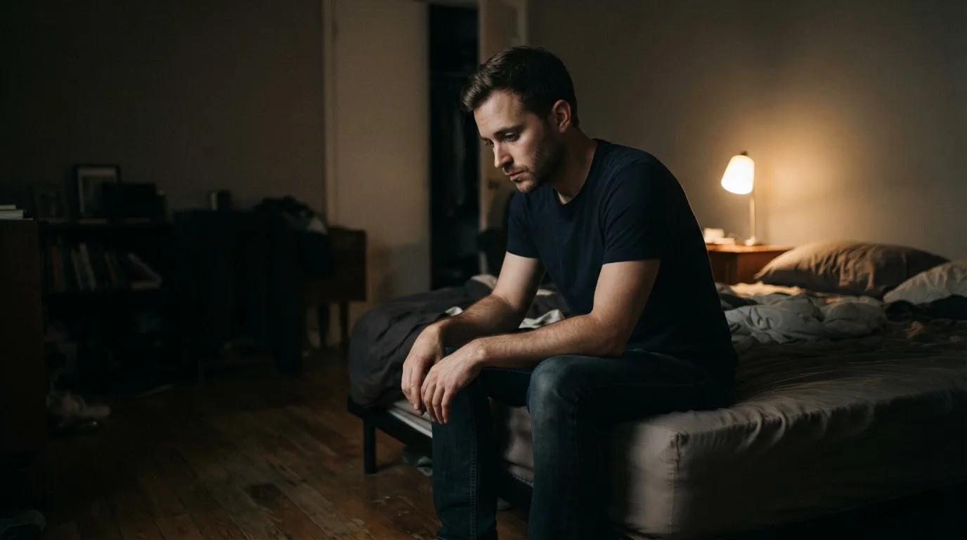Een man zit alleen op de rand van zijn bed en kijkt bedachtzaam naar de grond in een schemerige kamer.