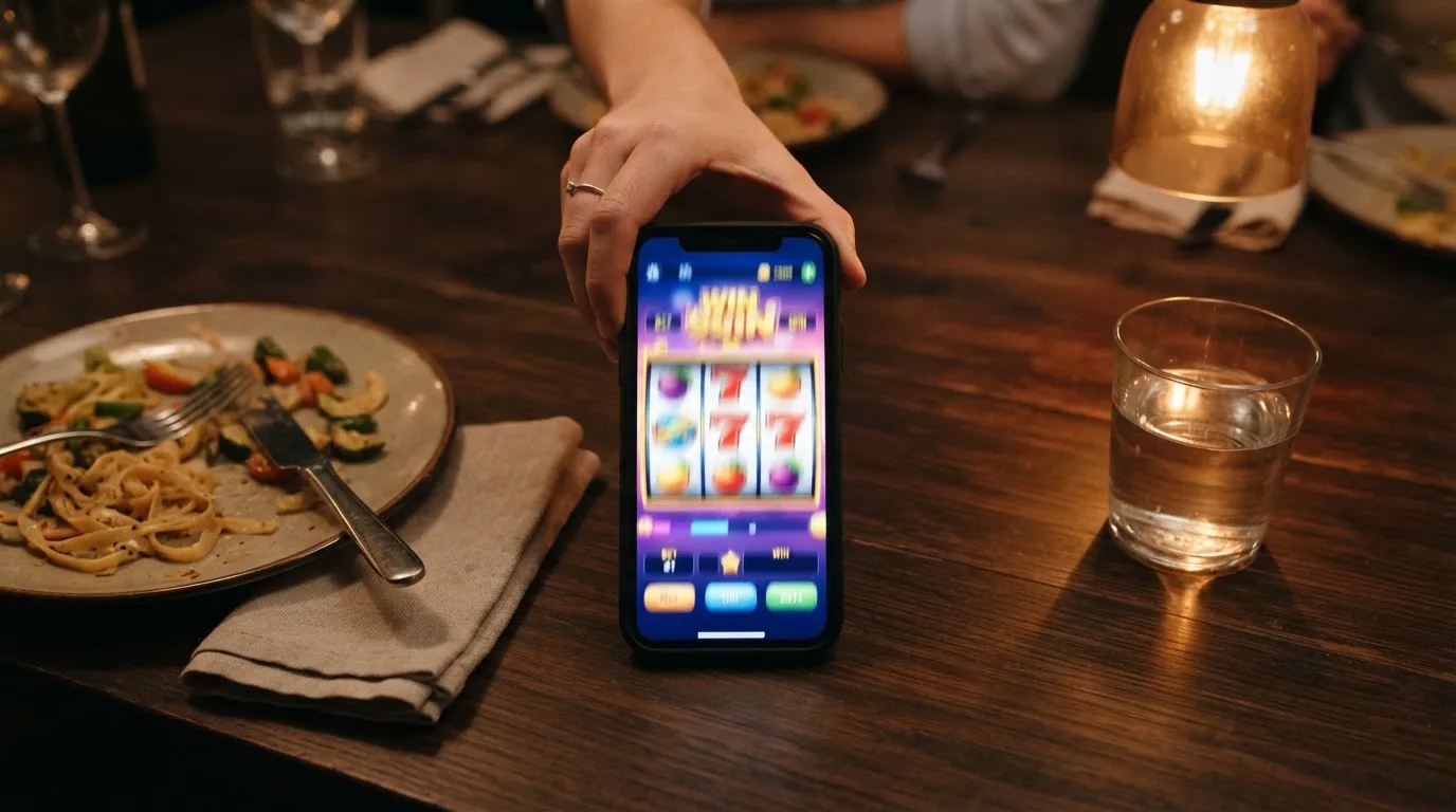 Close-up van handen die een smartphone vasthouden met een wazig, kleurrijk spelscherm tijdens het avondeten aan tafel.